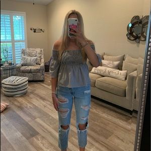 HOLLISTER off the shoulder blue/white top